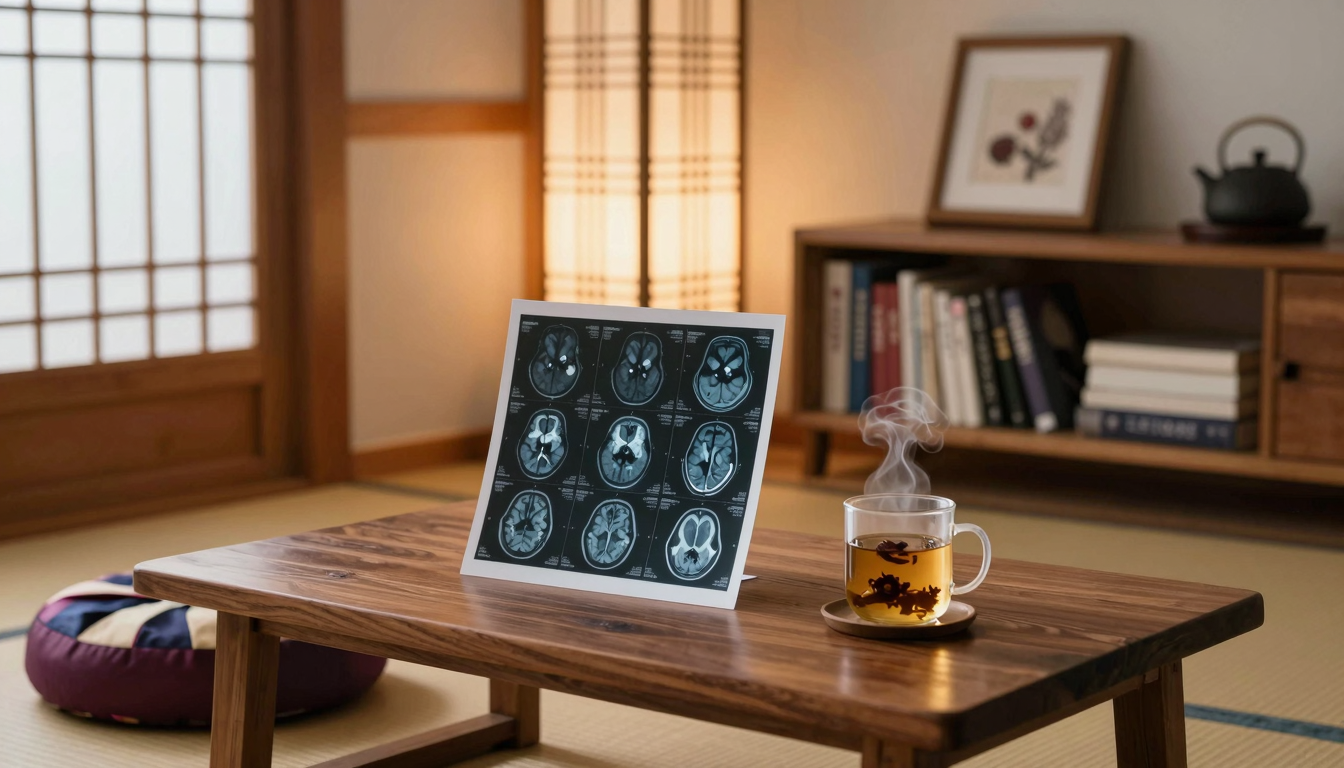 따스한 아침 햇살이 드는 한옥 거실, 낮은 나무 탁자 위에 뇌 MRI 필름과 모과차 한 잔이 놓여 있다.