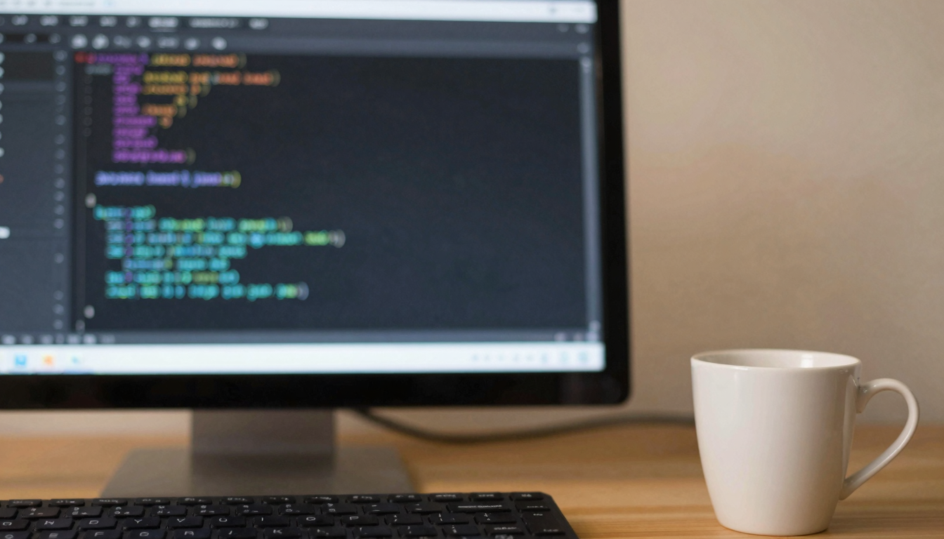 robots.txt 설정 작업 환경 컴퓨터 화면에 코드 편집기가 흐릿하게 보이고 커피잔이 놓인 작업 공간