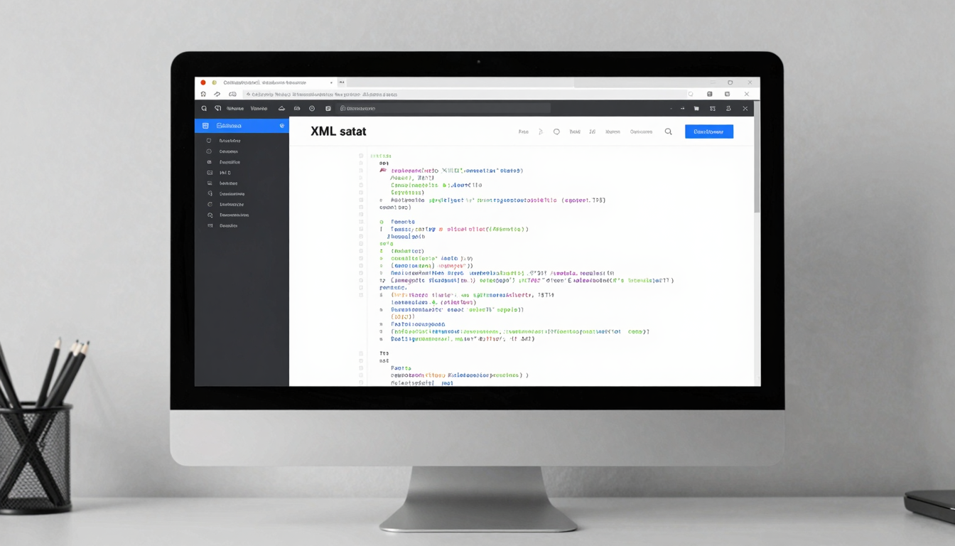 XML 사이트맵 제출 방법 컴퓨터 화면에 표시된 XML 사이트맵 코드와 검색엔진 콘솔 인터페이스