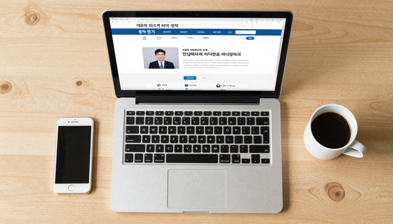 노트북 화면에 운전경력증명서 발급 사이트가 떠 있고 옆에 스마트폰과 커피가 놓인 깔끔한 책상 위 전경
