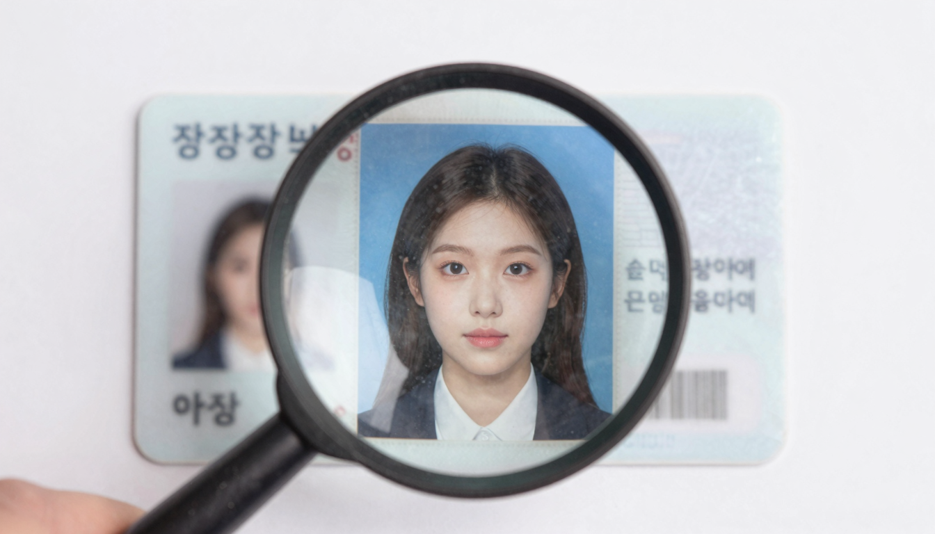 흰색 배경 위에 돋보기를 통해 확대된 운전면허증 클로즈업