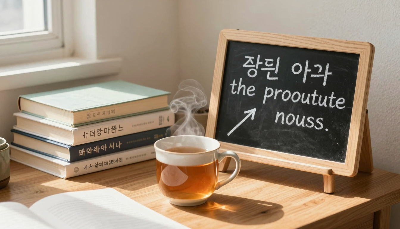 따스한 오후 햇살 아래 나무 책상 위 김이 나는 도자기 머그잔과 책 더미, 머그잔을 가리키는 분필 화살표가 그려진 작은 칠판