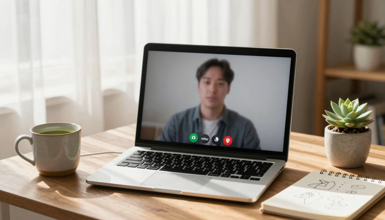 따뜻한 오후 햇살이 드는 홈오피스에 노트북 화상회의 화면과 말차 컵, 낙서 노트가 놓여 긴장감을 전하는 장면