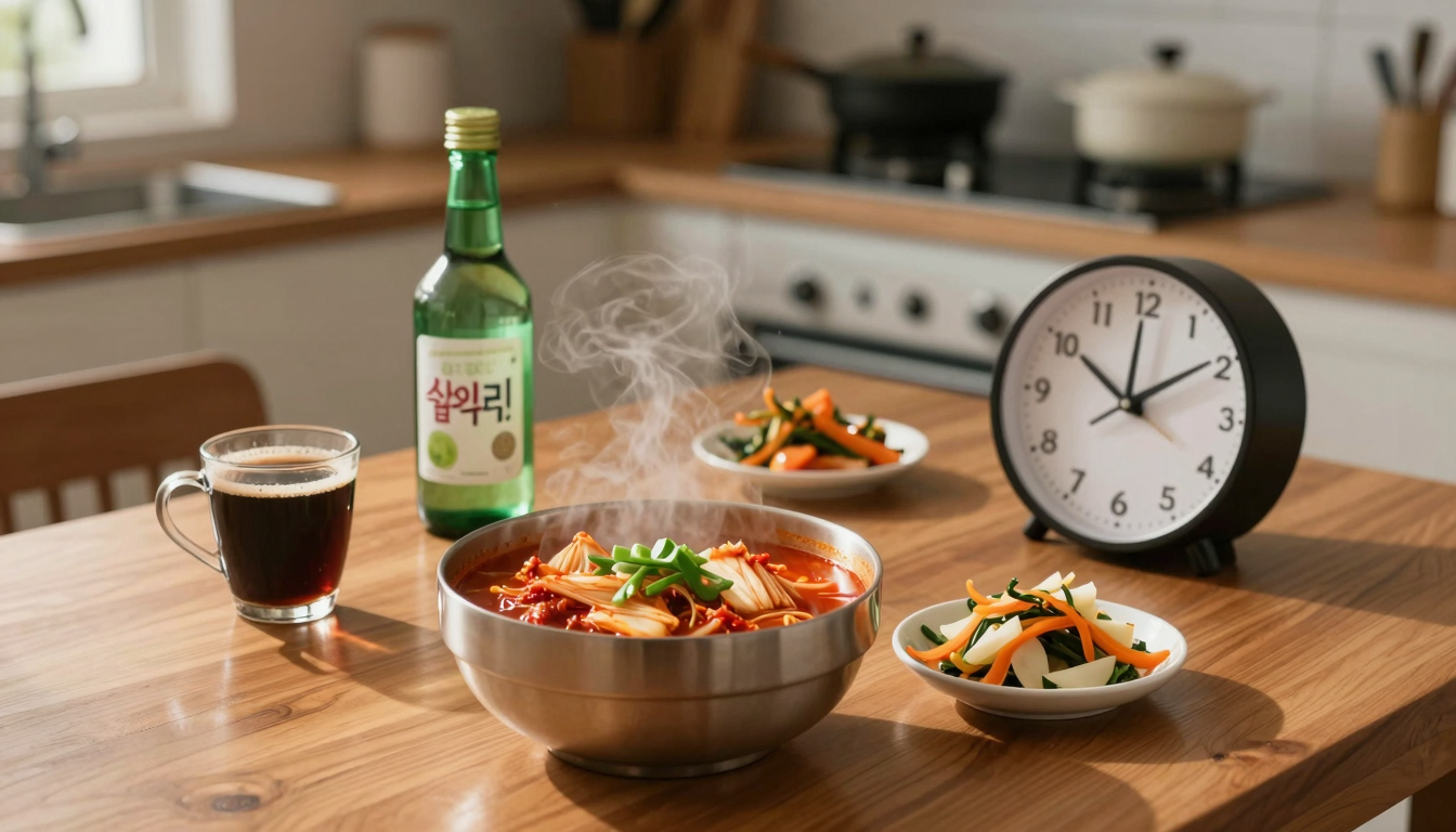 어스름한 부엌 식탁 위 김치찌개, 소주, 커피, 생채소가 긴 그림자와 함께 위내시경 전 금지된 음식들을 말해준다.