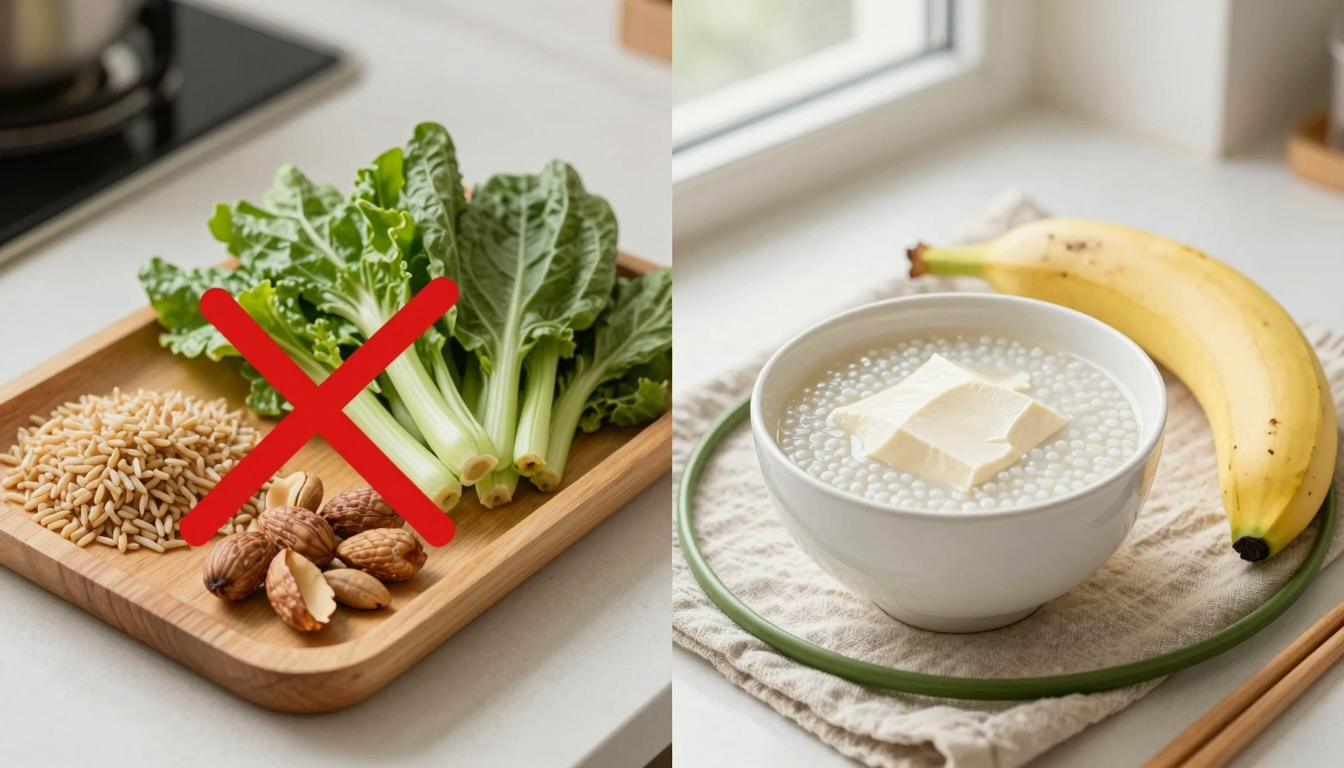 대장내시경 전 피해야 할 현미·견과류·생채소와 허용된 흰죽·바나나·순두부를 젓가락 기호로 비교한 주방 장면