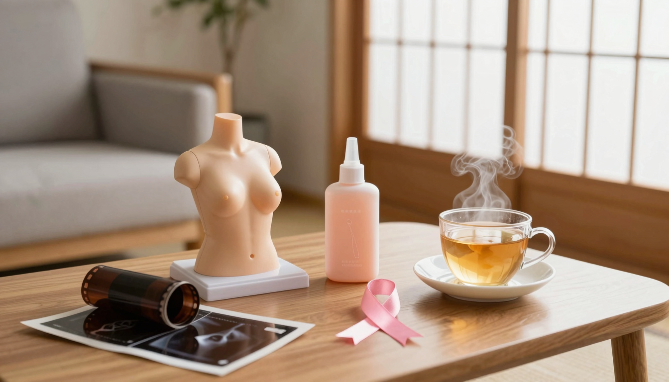 한지창 빛 아래 낮은 탁자 위 유방 자가검진 모형, 초음파 젤, 유방촬영 필름, 분홍 리본, 따뜻한 유자차.