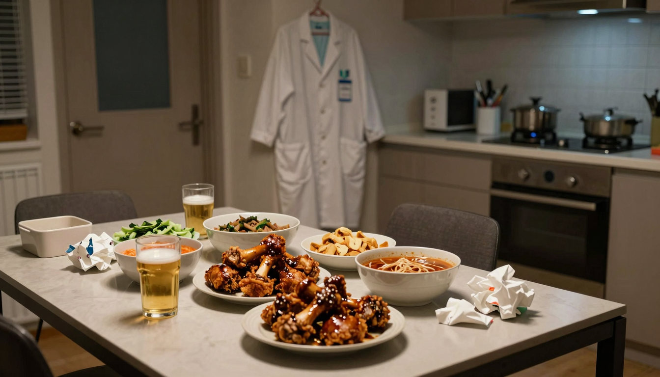 어두운 주방의 낮은 밥상 위에 치킨 뼈와 빈 떡볶이 그릇, 맥주잔이 어지럽게 놓여 있고 문에는 병원 가운이 걸려 있다.