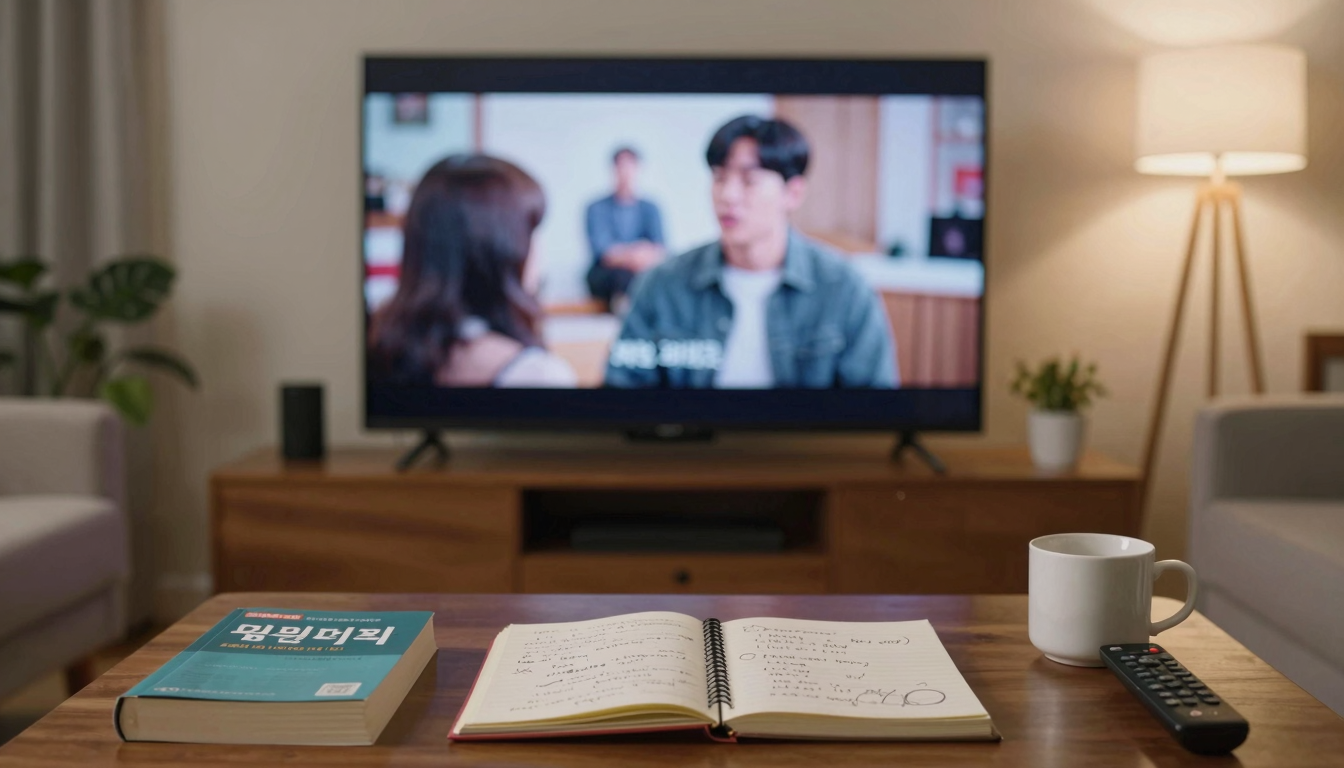 따뜻한 거실, 흐릿한 미드 장면이 멈춘 TV와 어지럽게 펼쳐진 사전, 빽빽한 필기 노트가 놓인 테이블을 플로어 램프가 비춘다.