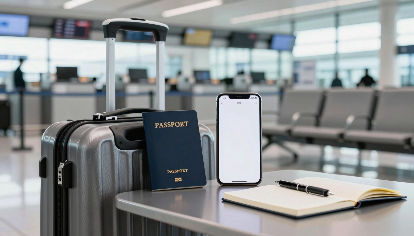 밝은 공항 출국 라운지 벤치에 캐리어, 여권, 번역 앱 스마트폰, 빈 수첩과 펜, 뒤로 체크인 카운터와 창문