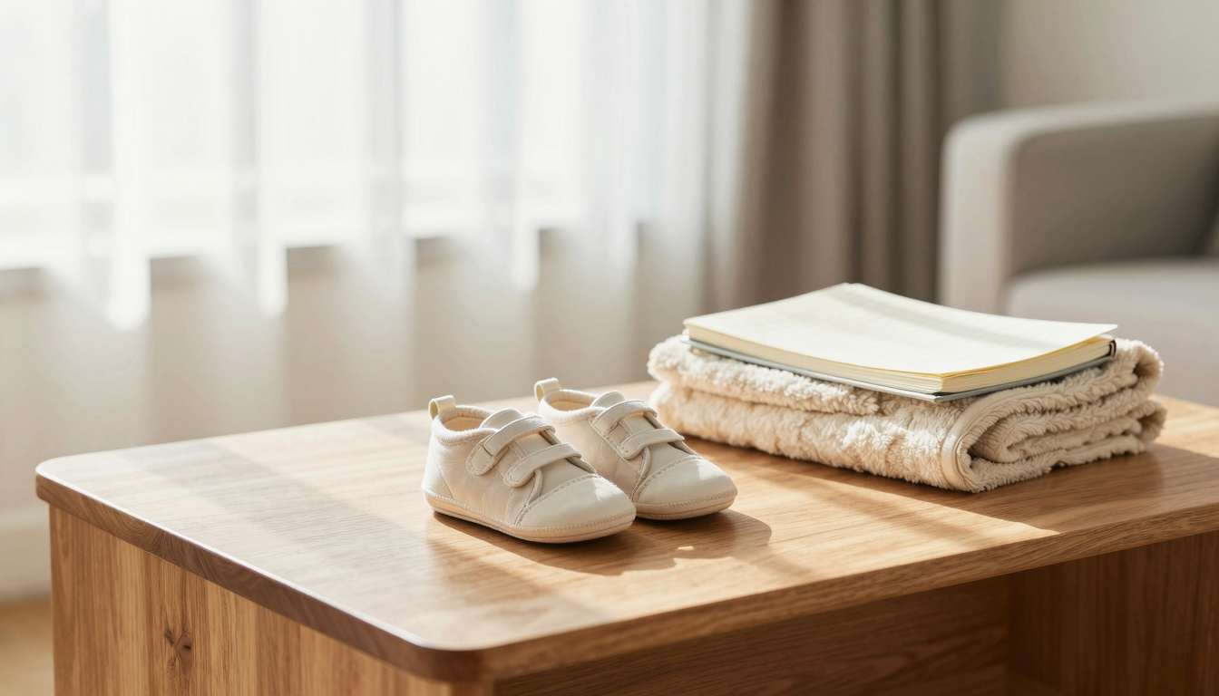 국민연금 출산크레딧 대표 이미지 아기 신발과 서류가 놓인 테이블 위 따뜻한 가정 분위기의 국민연금 출산크레딧 관련 이미지