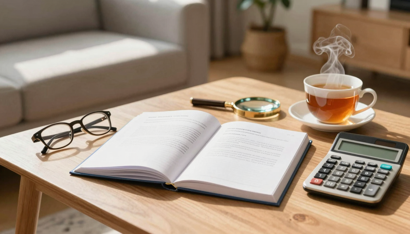 햇살 든 거실 탁자에 실손보험 약관, 노안경, 돋보기, 계산기, 차는 대의 보험료 재검토를 보여줍니다.