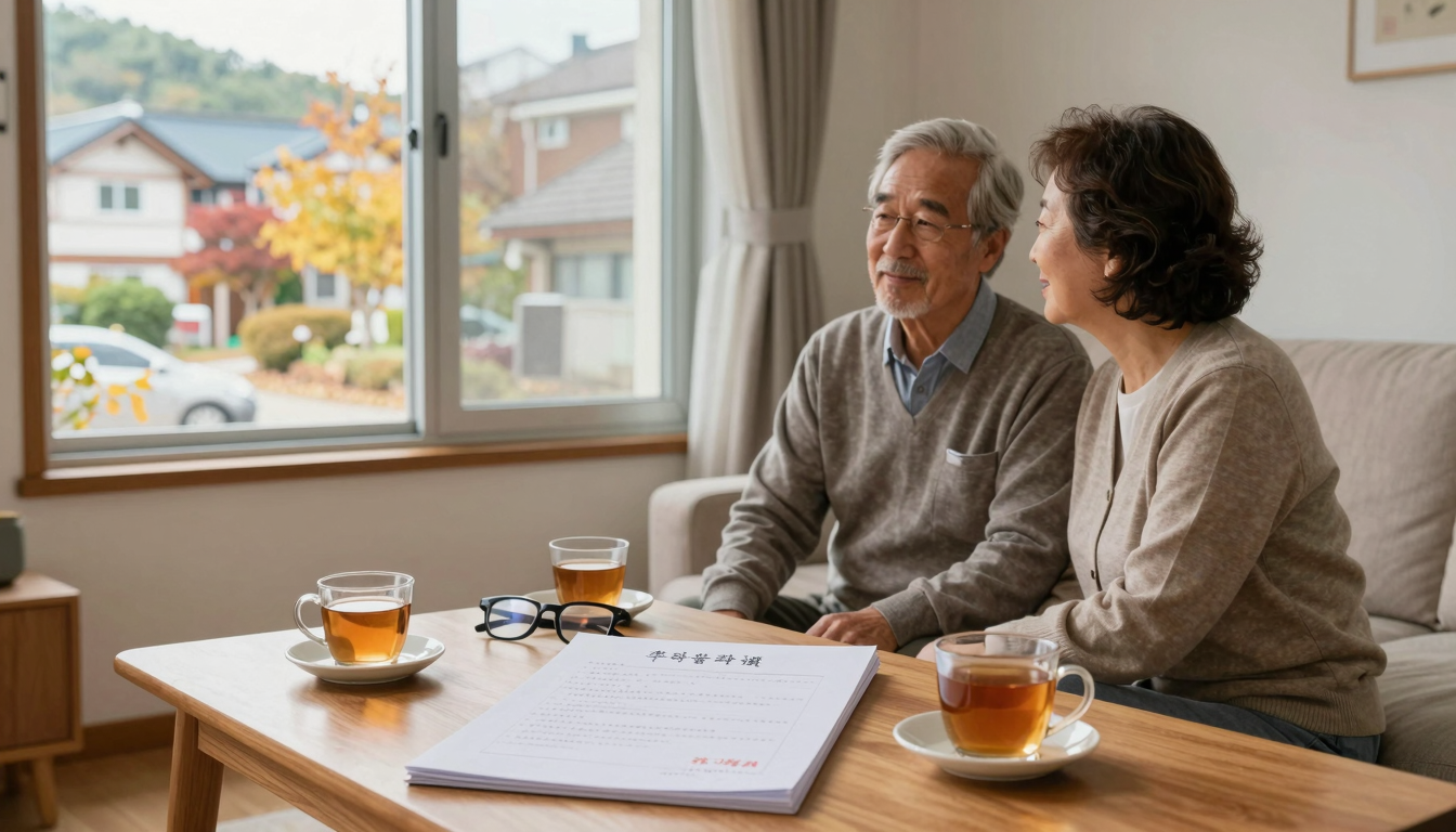 따뜻한 거실 나무 탁자 위에 연금 명세서, 안경, 차 두 잔이 놓여 있고, 창밖으로 가을 동네가 보인다.