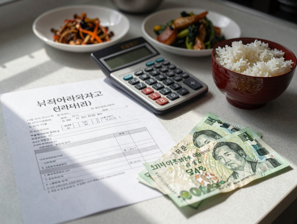 생계급여 수급 안내문과 계산기, 급여명세서, 구겨진 지폐가 놓인 식탁 위 반쯤 비워진 밥그릇과 반찬들