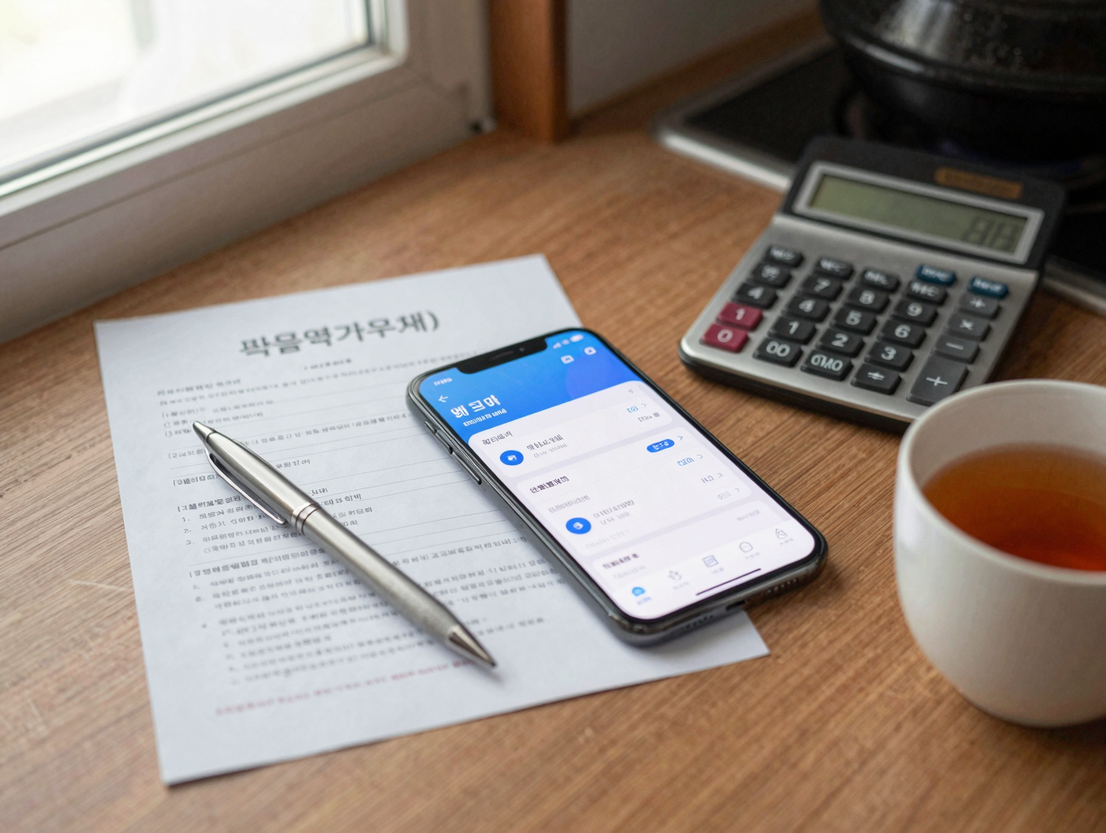 아늑한 주방 테이블 위에 놓인 정부 통지서와 은행 앱 잔고가 표시된 스마트폰, 계산기, 펜, 따뜻한 차 한 잔