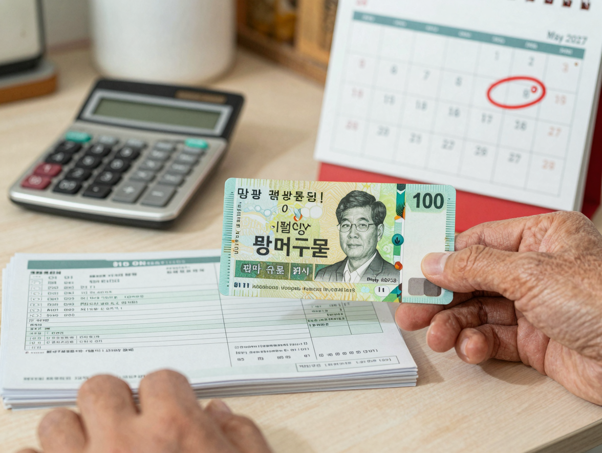 따뜻한 실내 조명 아래 주름진 손이 낡은 에너지바우처 카드를 들고 있고, 식탁 위에는 미납된 겨울 난방비 고지서와 계산기, 빨