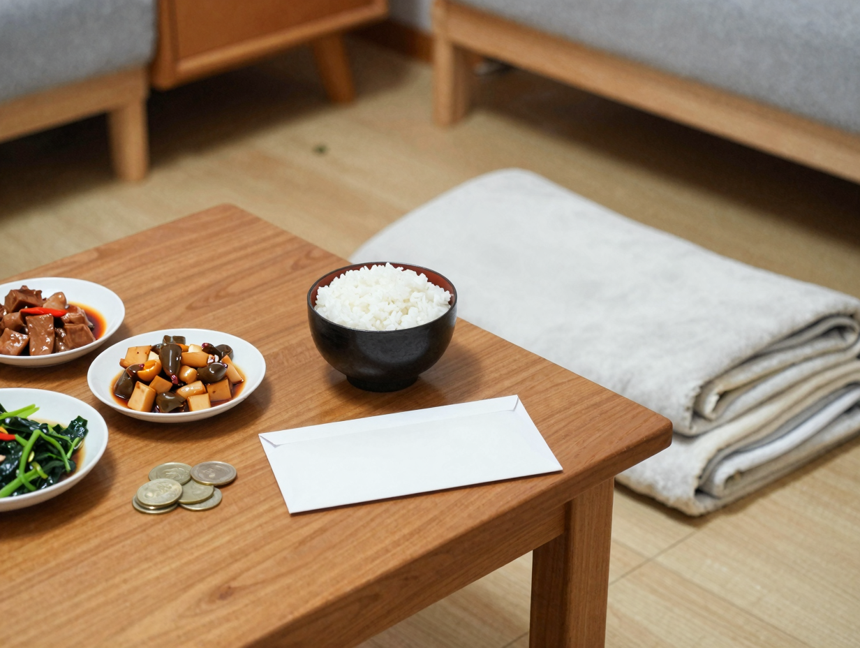 온돌 바닥의 낮은 나무 밥상에 쌀밥과 반찬, 동전 묶음, 흰 봉투, 접힌 담요가 놓여 있다.