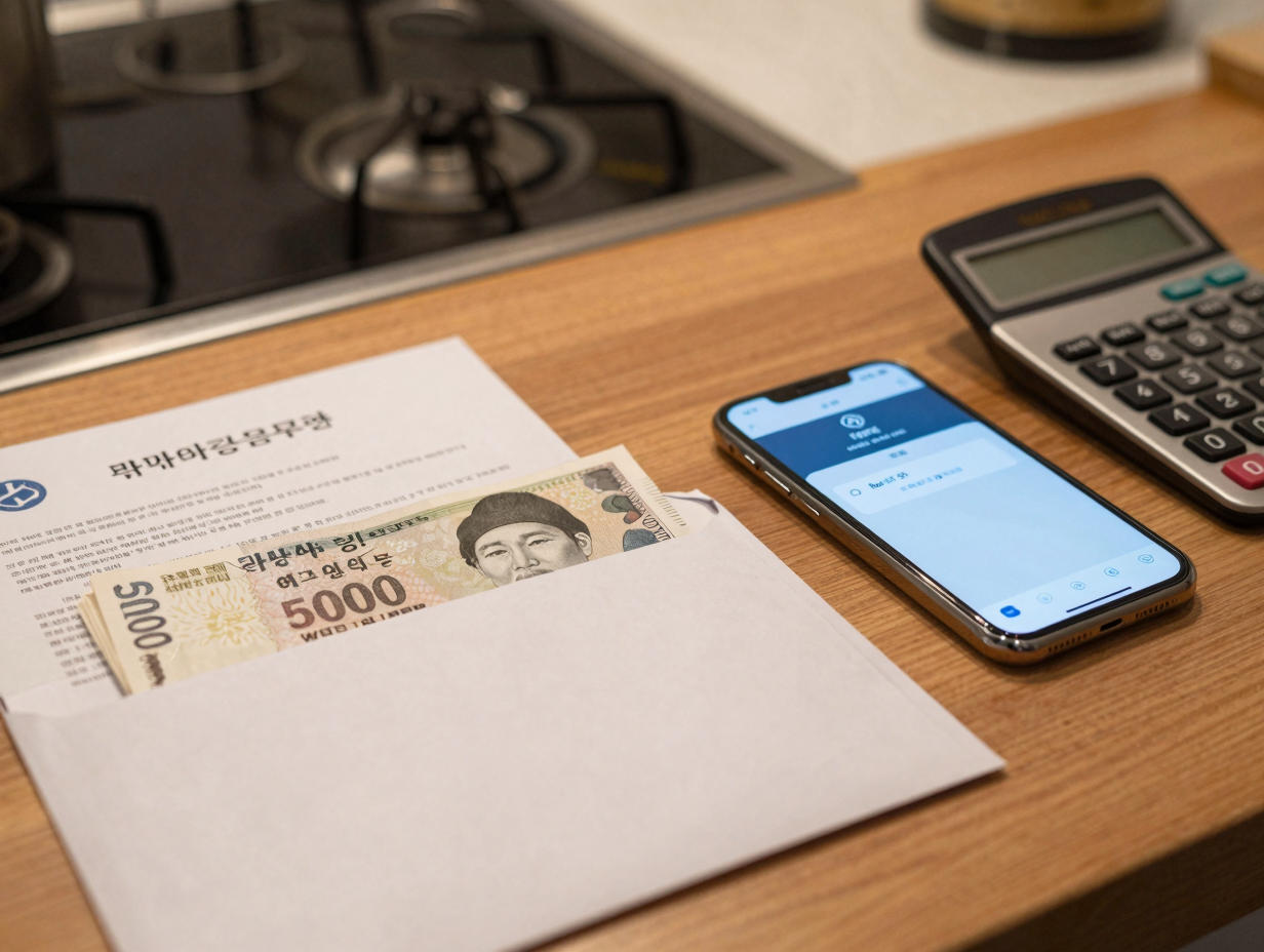 주방 식탁 위 반쯤 열린 봉투 속 만 원권과 은행 앱이 켜진 휴대폰, 복지 서류, 계산기가 온화한 조명 아래 놓여 있다.