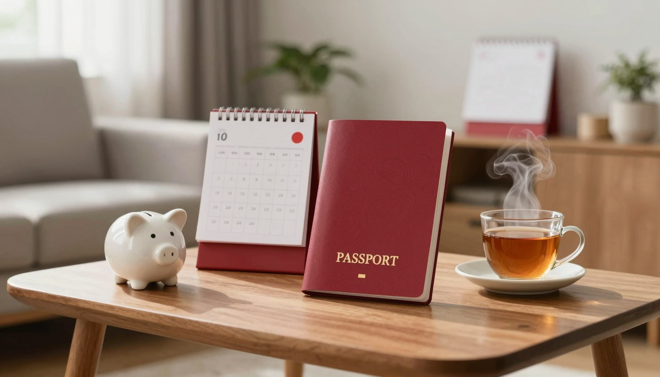 차분한 아침 햇살 아래, 빨간 적금 통장과 돼지 저금통이 놓인 거실 탁자, 동그라미 표시된 벽 달력이 조심스러운 재정 계획의