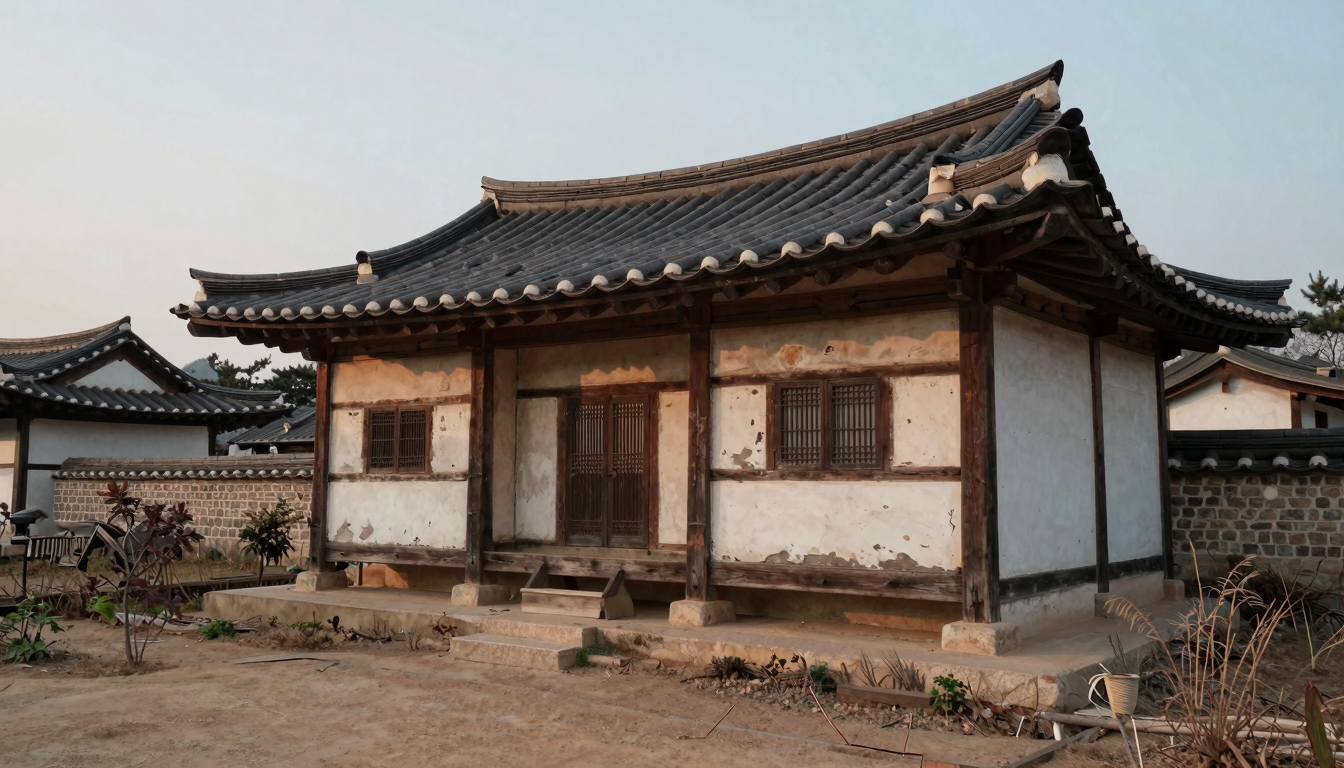 시골 마을 낡은 한옥, 기와지붕 아래 나무 툇마루와 덩굴 자란 정원이 쓸쓸한 오후 햇살에 잠겨 있다.