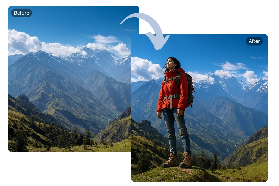 Füge eine Person in Fotos mit malerischen Hintergründen ein